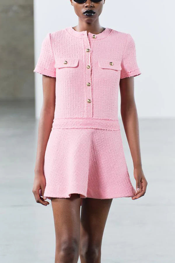 Brit & Boho™ I Lalaine Gold Button Short Sleeve Pocketed Mini Dress Brit & Boho | Fashion & Boutique
