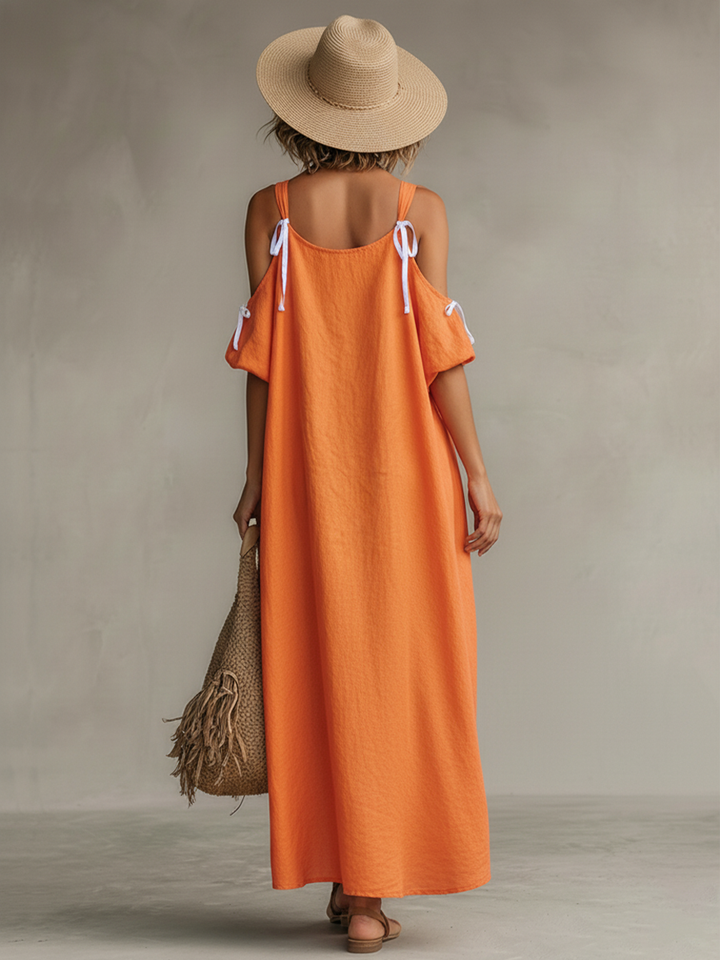 Women's Tangerine Linen Dress With Cold Shoulder & High-Low Hem, Timeless Boho-Resort Style Dress MDZ0337C4I
