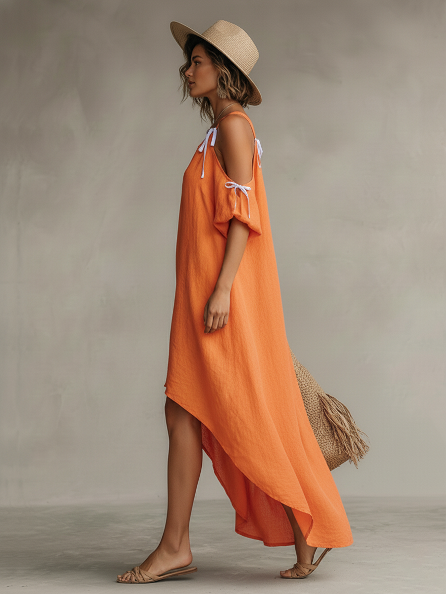 Women's Tangerine Linen Dress With Cold Shoulder & High-Low Hem, Timeless Boho-Resort Style Dress MDZ0337C4I