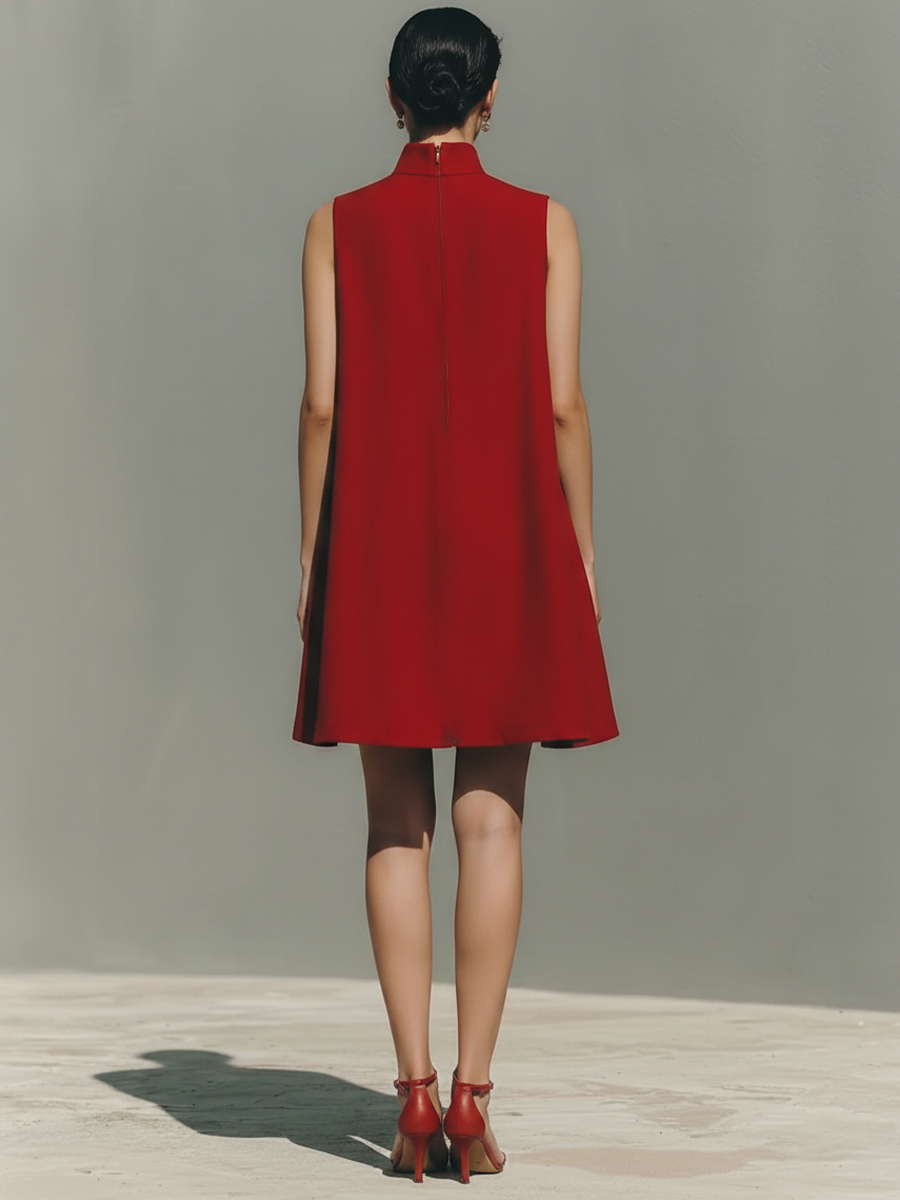 Women's Red Lightweight Linen Dress With Keyhole Neck & Flared Hem, Contemporary Effortless-Casual Style Dress MDZ0203D4I