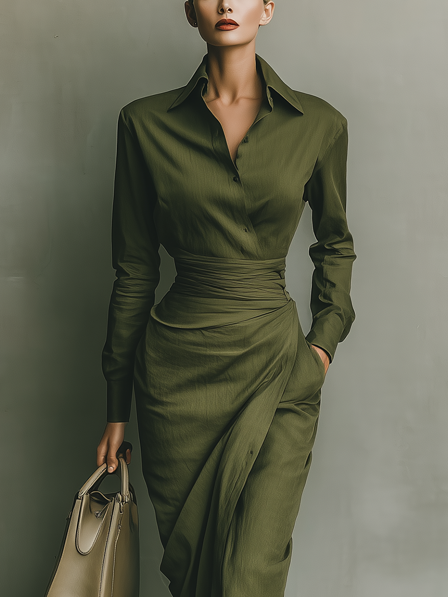 Women's Army Green Cotton Blended Maxi Dress MDA2281I8T