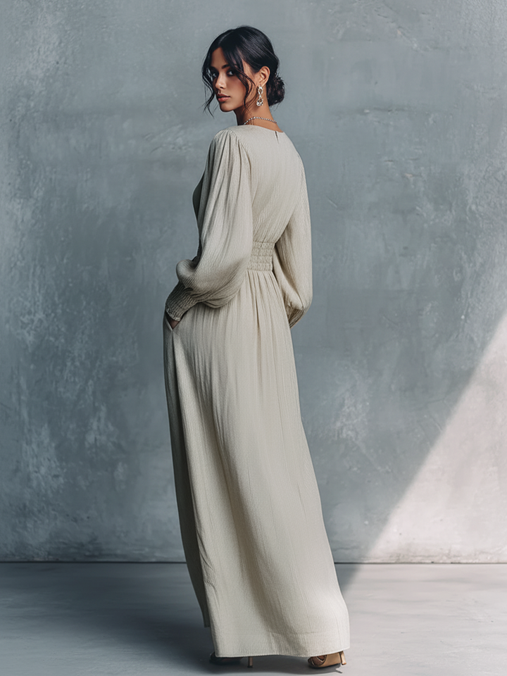 Women's Beige Cotton Linen Striped V-Neck Shirred Waist Maxi Dress MDZ0361C4BA