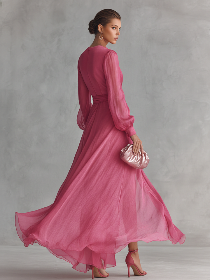 Women's Elegant Rose Pink Pearl Chiffon V-neck Tie-waist Long Dress MDZ1925A7BA