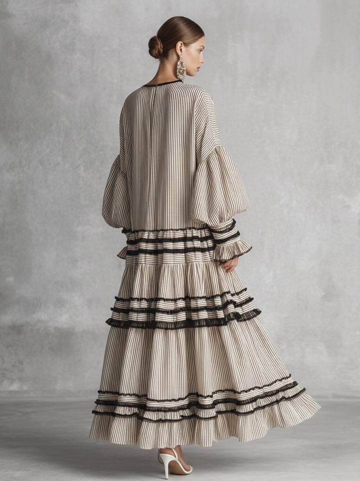 Women's Boho Striped Ruffle Tiered Cotton Blend Long Sleeve Maxi Dress MDZ1426B2BA