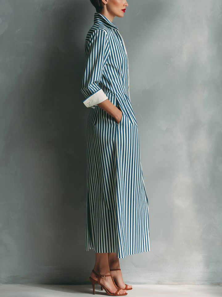 Women's Blue And White Cotton Blend Striped Shirt Dress With Red Chest Pocket MDZ1286C2T