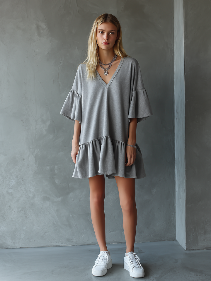 Women's Minimalist Gray Ruffled V-neck Mini Dress MDZ2482D6ZJW