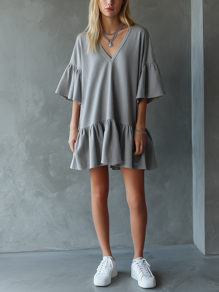 Women's Minimalist Gray Ruffled V-neck Mini Dress MDZ2482D6ZJW