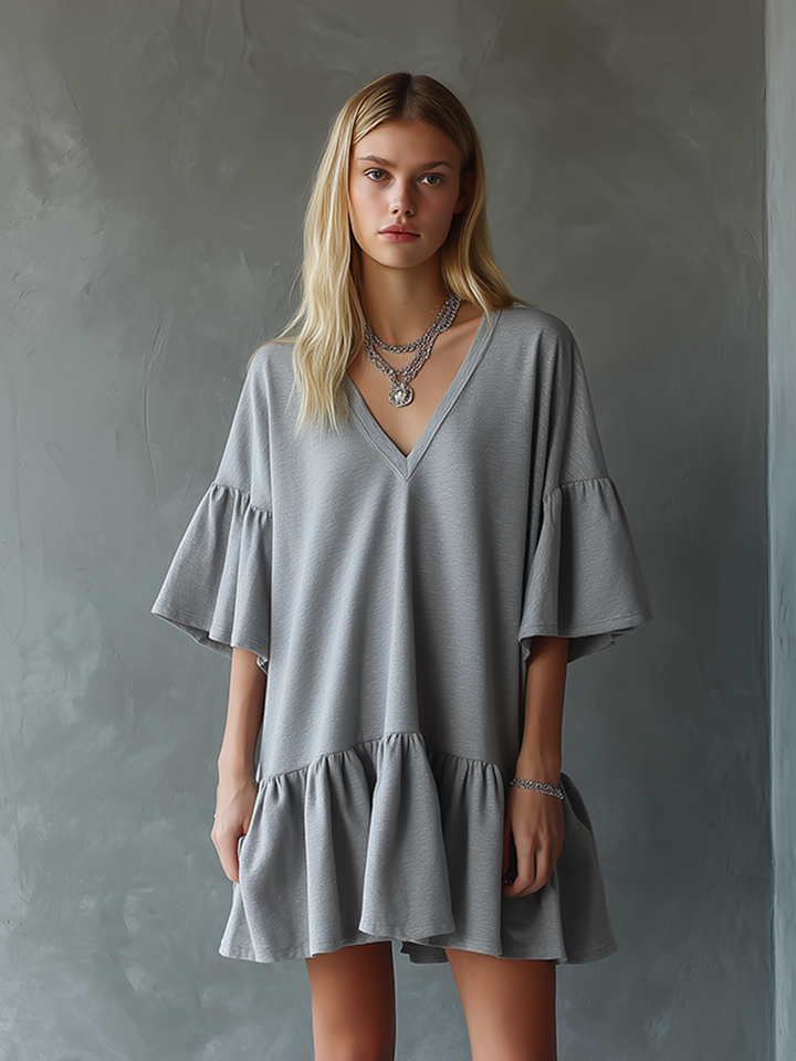 Women's Minimalist Gray Ruffled V-neck Mini Dress MDZ2482D6ZJW