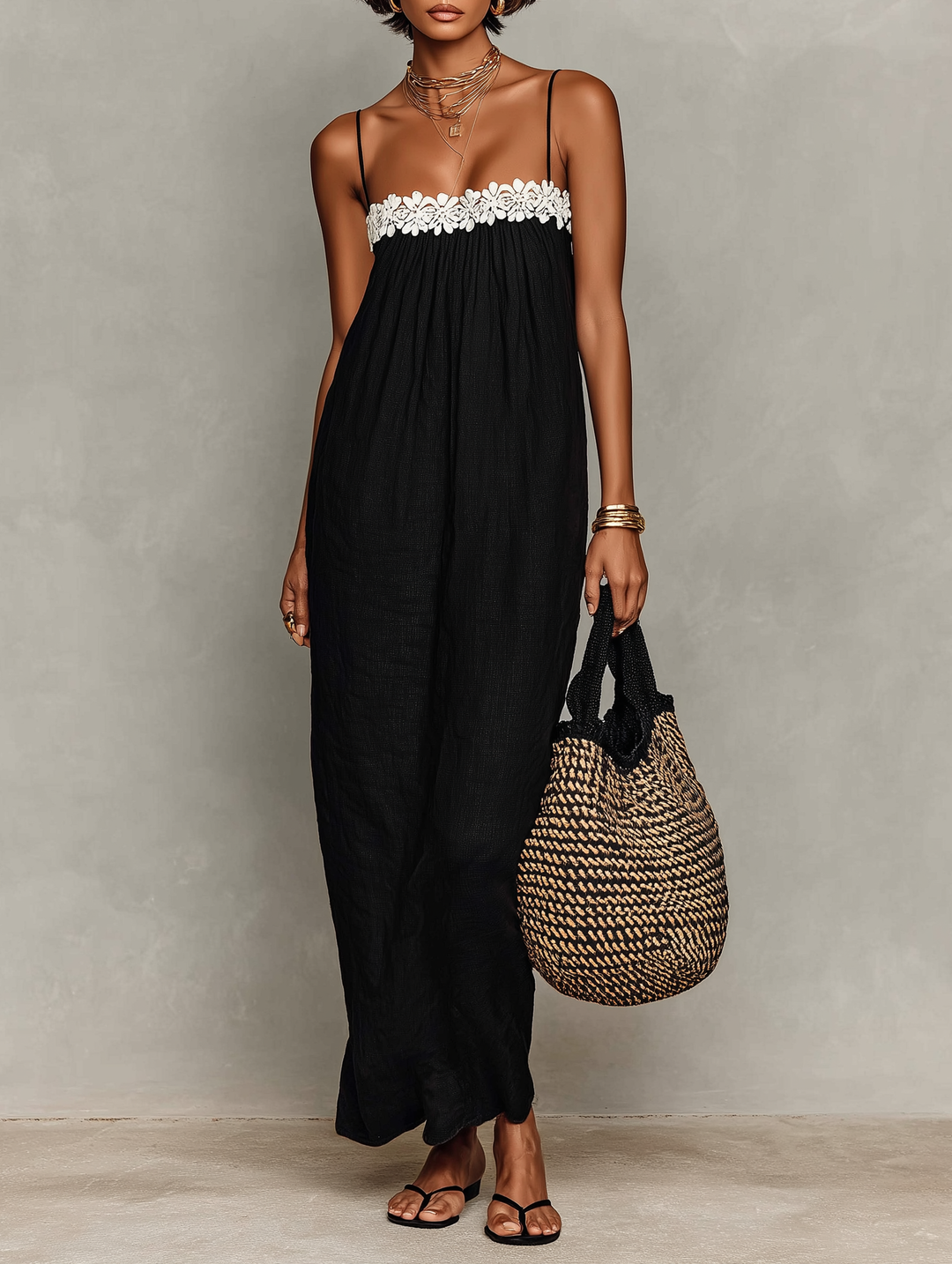Women's Minimalist Linen-Blend Lace-Paneled Strapless With Spaghetti Straps Maxi Dress MDZ1926C9Y