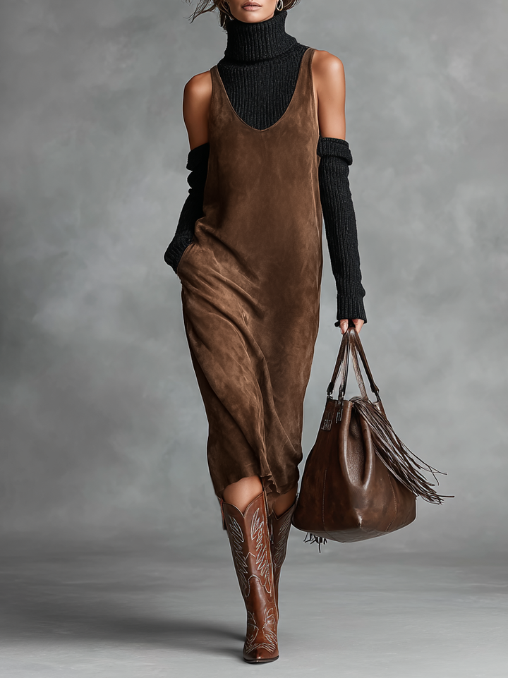 Women's Retro Simple Suede U-Neck Sleeveless Tank Midi Dress MDA0259I1Y