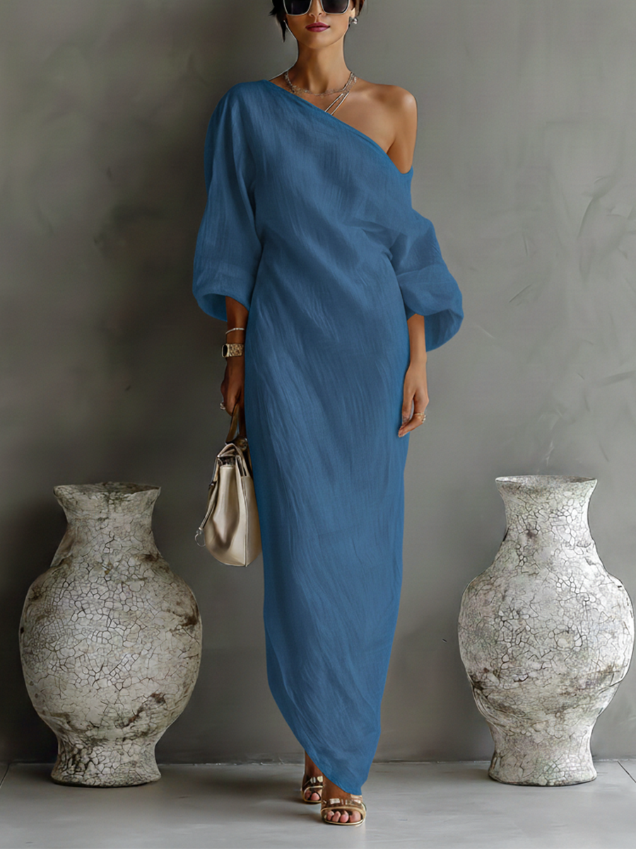 Women's Ivory White Cotton-Linen Blend One-Shoulder Flowing Elegant Dress MDA3032K4T