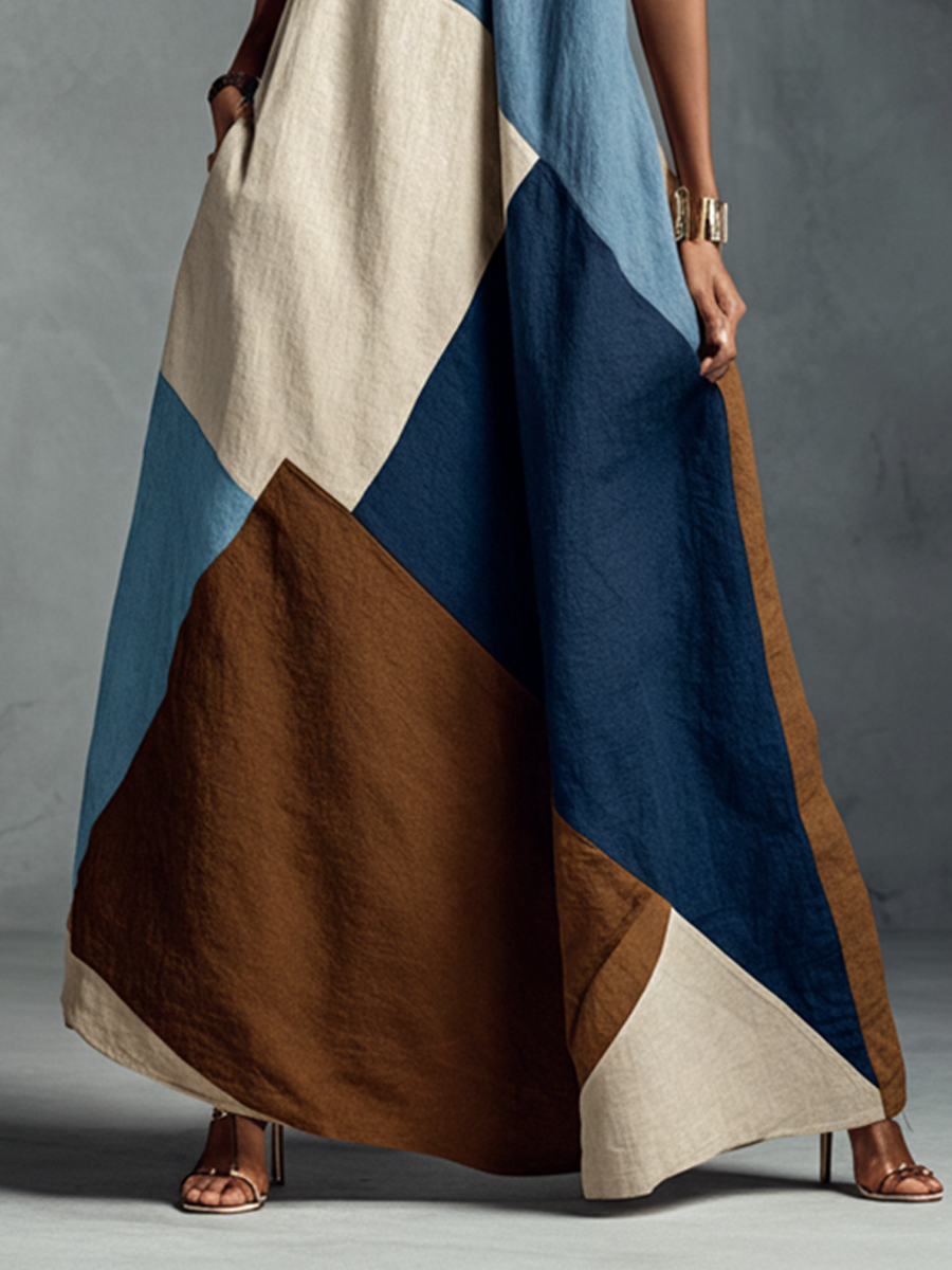 Women's Bohemian Multi-color Cotton Linen Blend Patchwork Halter Maxi Dress MDZ1956C4BA