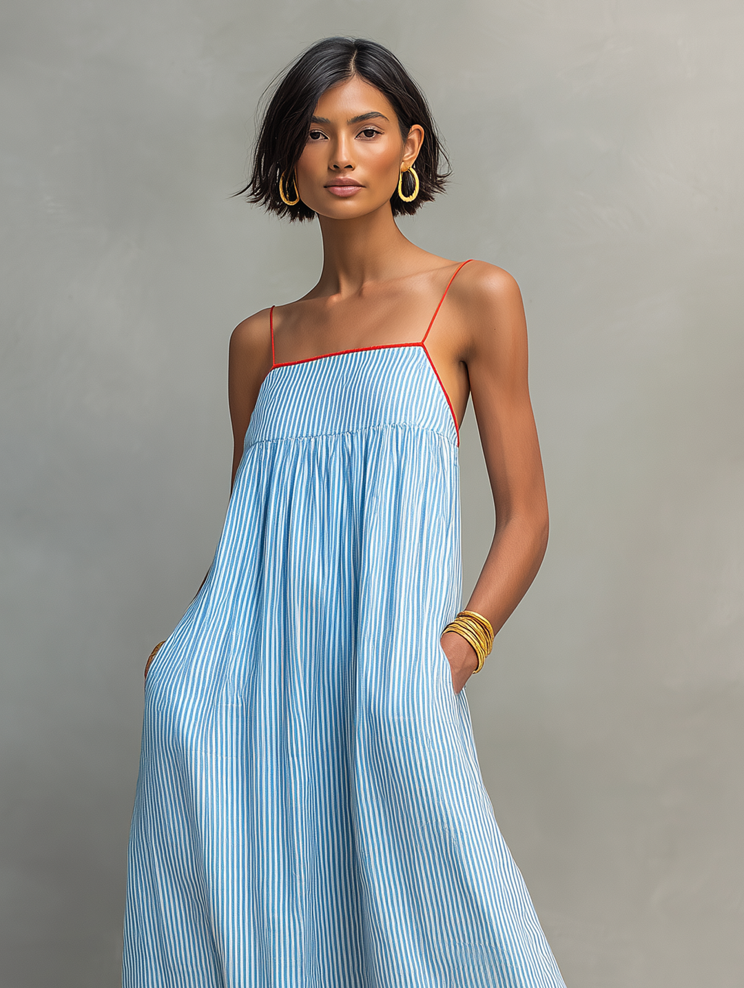 Women's Minimalist Striped Maxi Dress With Red Trim And Spaghetti Straps MDZ2710C3Y