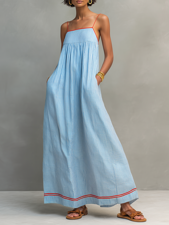 Women's Minimalist Striped Maxi Dress With Red Trim And Spaghetti Straps MDZ2710C3Y