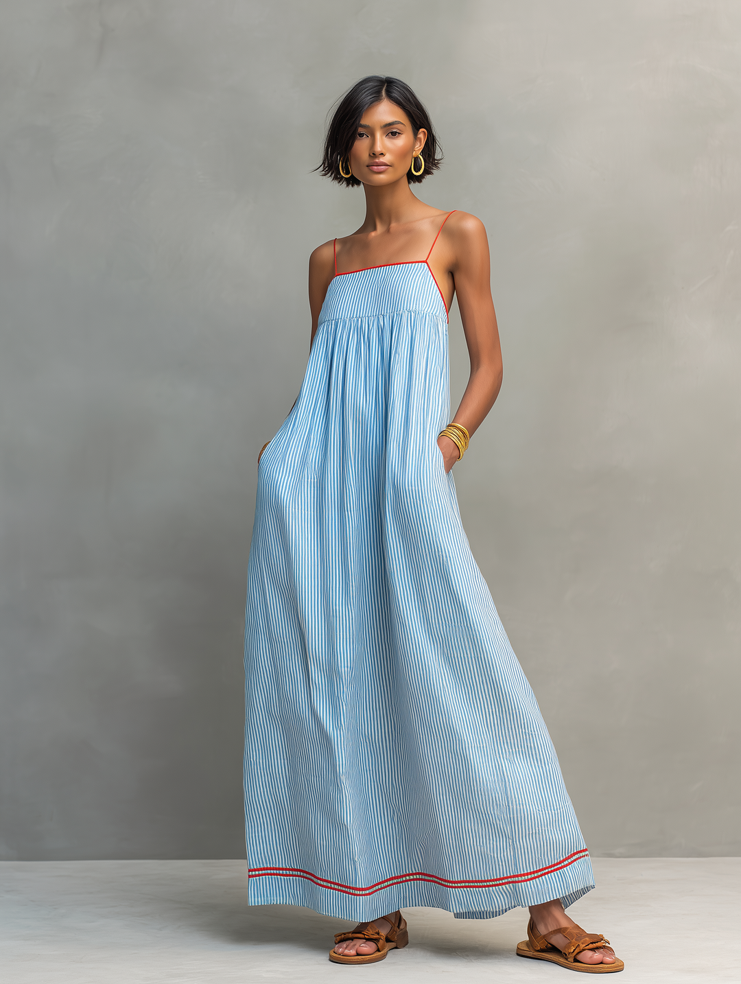 Women's Minimalist Striped Maxi Dress With Red Trim And Spaghetti Straps MDZ2710C3Y