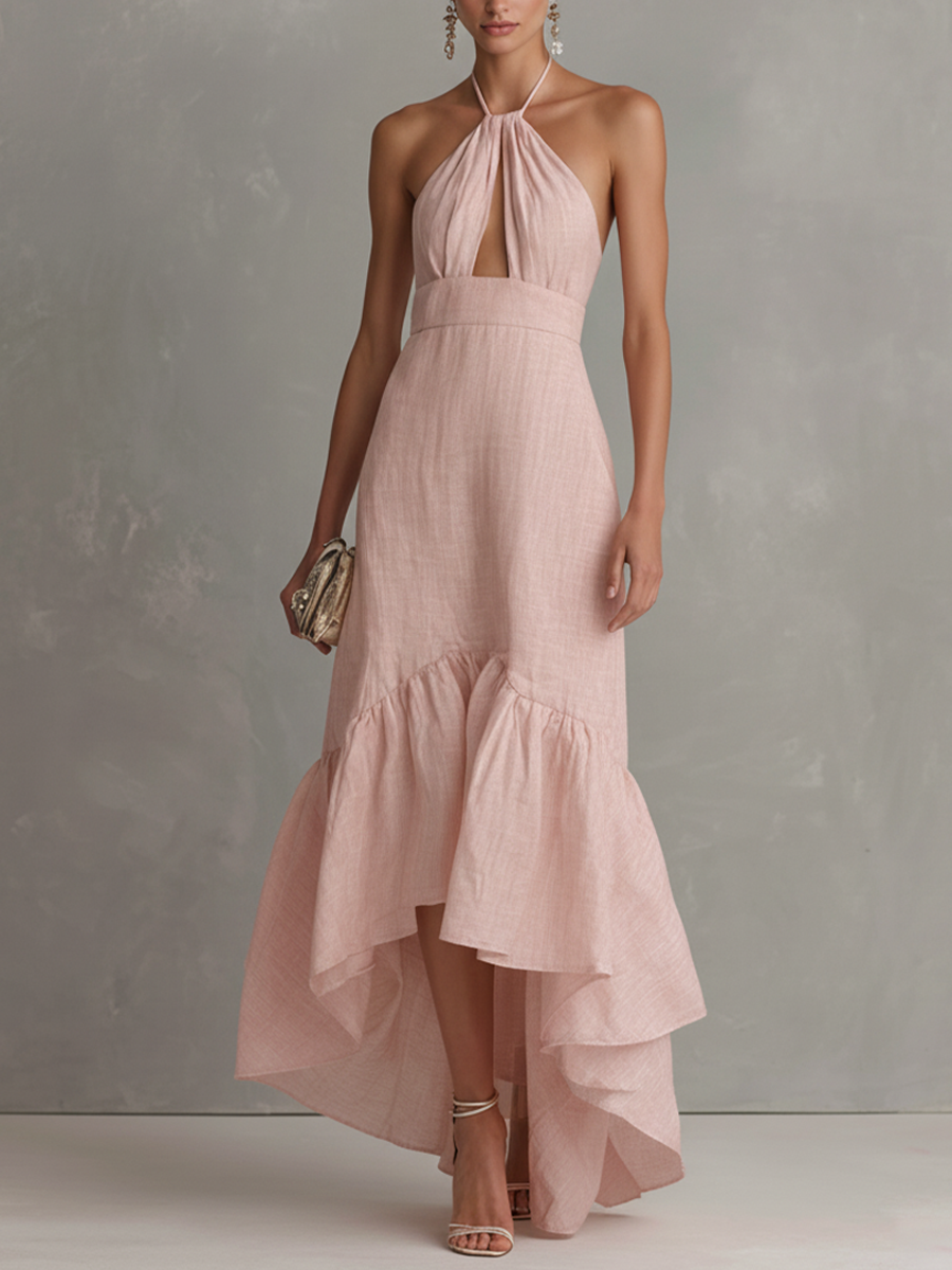 Women's Elegant Pink Cotton-Linen Halter Maxi Dress With Front Cutout And Ruffles MDZ3066C3GMJ