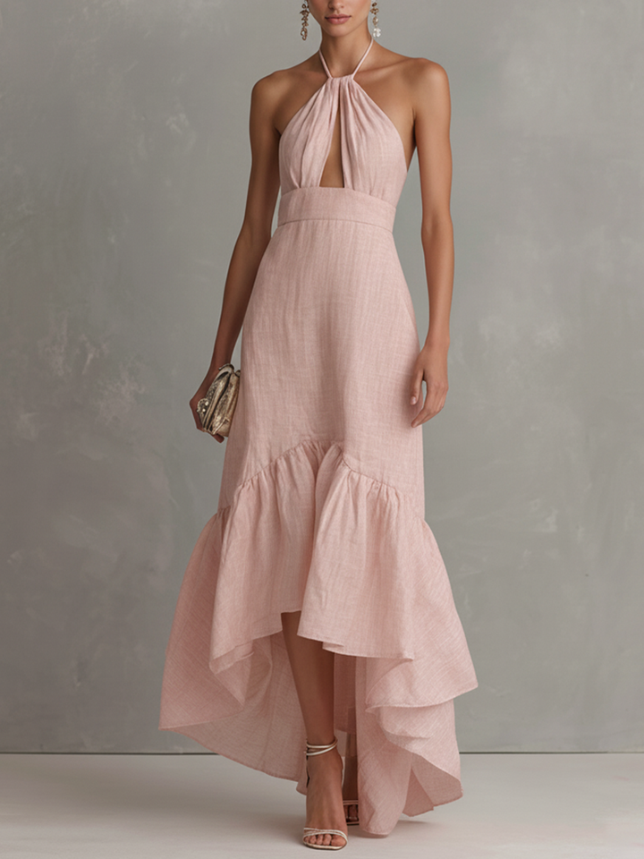 Women's Elegant Pink Cotton-Linen Halter Maxi Dress With Front Cutout And Ruffles MDZ3066C3GMJ