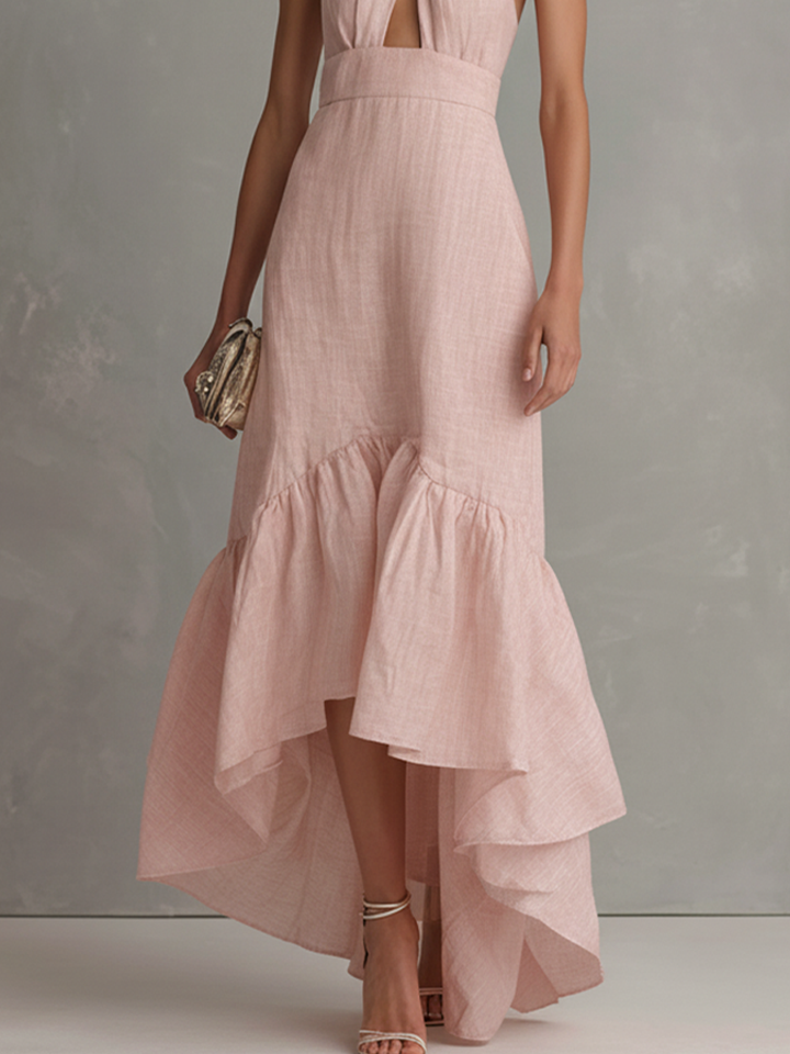 Women's Elegant Pink Cotton-Linen Halter Maxi Dress With Front Cutout And Ruffles MDZ3066C3GMJ