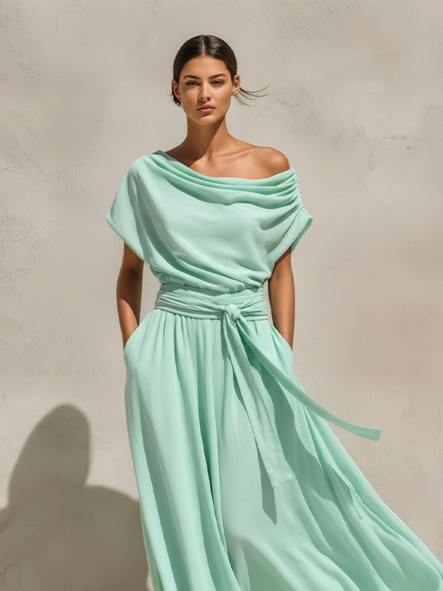 Women's Mint Green Chiffon Maxi Dress With Off-the-Shoulder Draped Neck & Belted Waist, Timeless Romantic-Resort Style Dress MDZ0231D1I