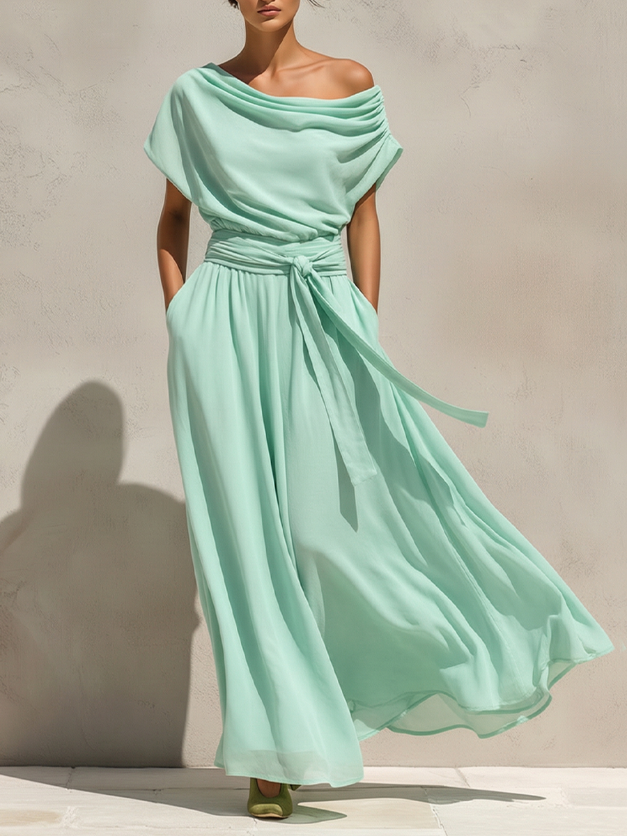 Women's Mint Green Chiffon Maxi Dress With Off-the-Shoulder Draped Neck & Belted Waist, Timeless Romantic-Resort Style Dress MDZ0231D1I