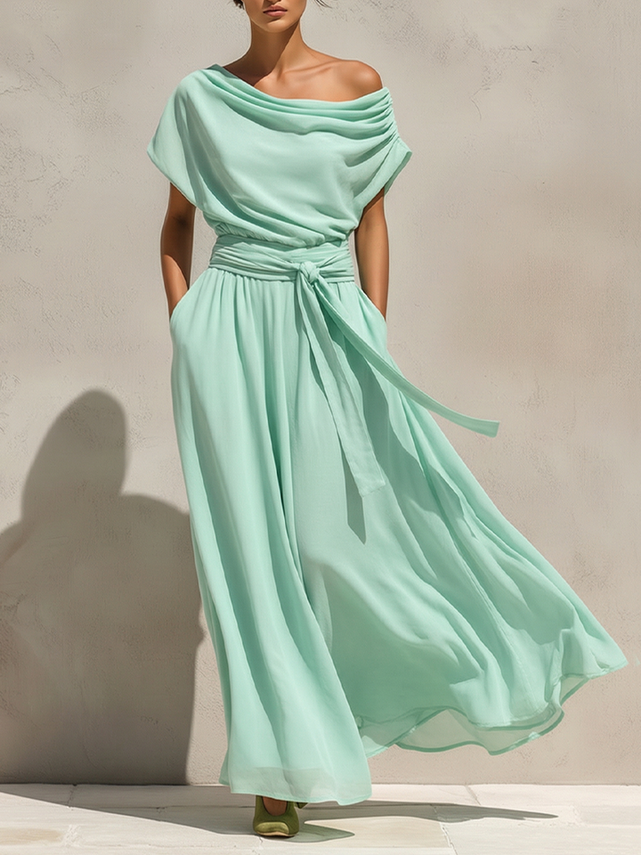 Women's Mint Green Chiffon Maxi Dress With Off-the-Shoulder Draped Neck & Belted Waist, Timeless Romantic-Resort Style Dress MDZ0231D1I