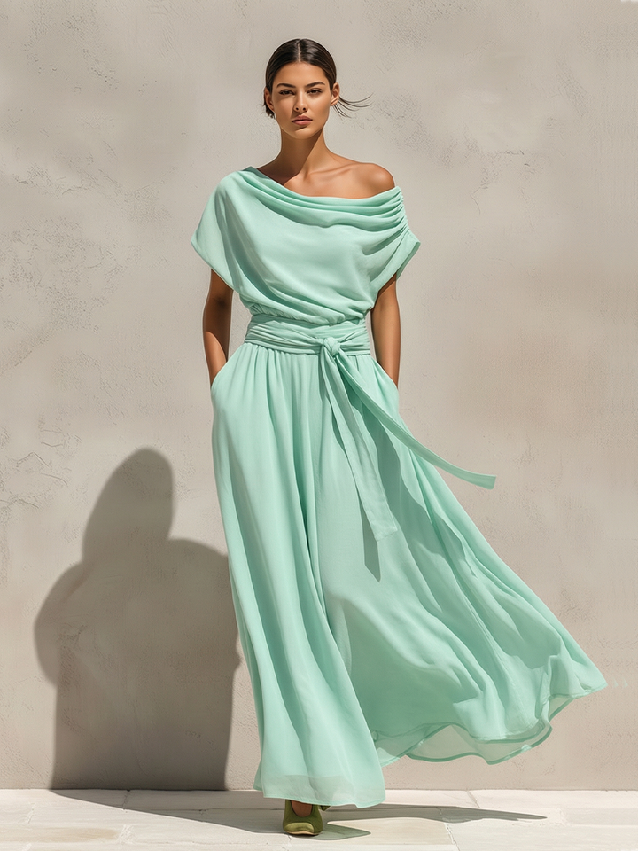 Women's Mint Green Chiffon Maxi Dress With Off-the-Shoulder Draped Neck & Belted Waist, Timeless Romantic-Resort Style Dress MDZ0231D1I