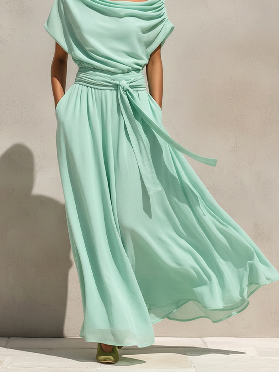 Women's Mint Green Chiffon Maxi Dress With Off-the-Shoulder Draped Neck & Belted Waist, Timeless Romantic-Resort Style Dress MDZ0231D1I