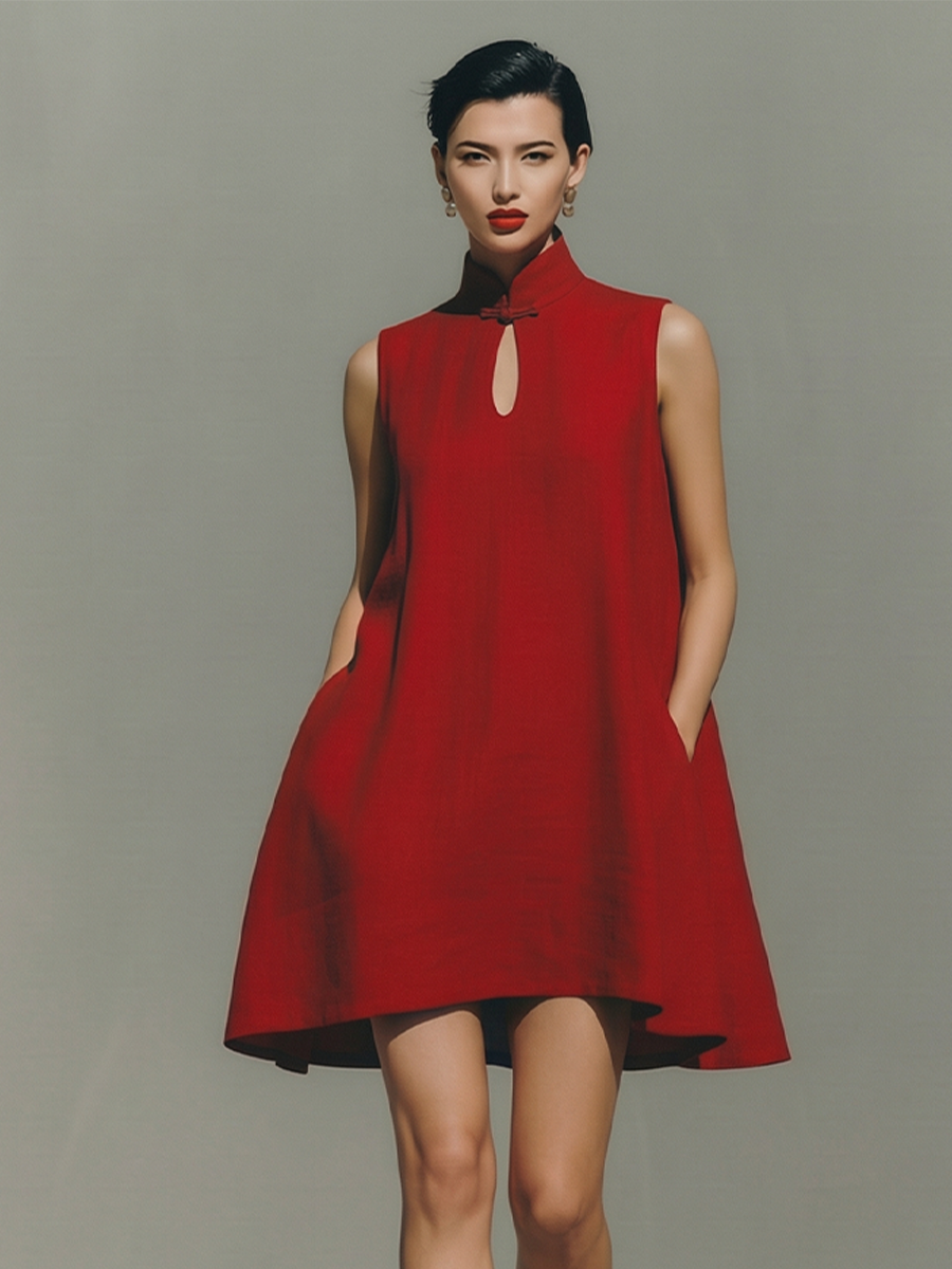 Women's Red Lightweight Linen Dress With Keyhole Neck & Flared Hem, Contemporary Effortless-Casual Style Dress MDZ0203D4I