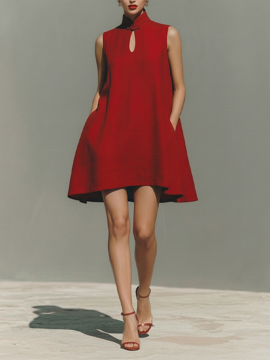Women's Red Lightweight Linen Dress With Keyhole Neck & Flared Hem, Contemporary Effortless-Casual Style Dress MDZ0203D4I