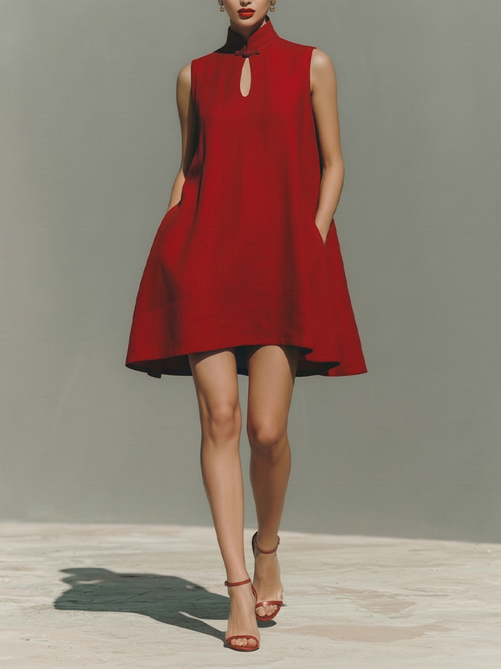 Women's Red Lightweight Linen Dress With Keyhole Neck & Flared Hem, Contemporary Effortless-Casual Style Dress MDZ0203D4I