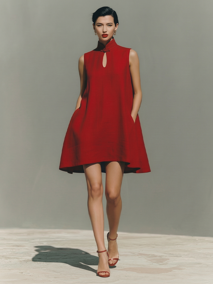 Women's Red Lightweight Linen Dress With Keyhole Neck & Flared Hem, Contemporary Effortless-Casual Style Dress MDZ0203D4I
