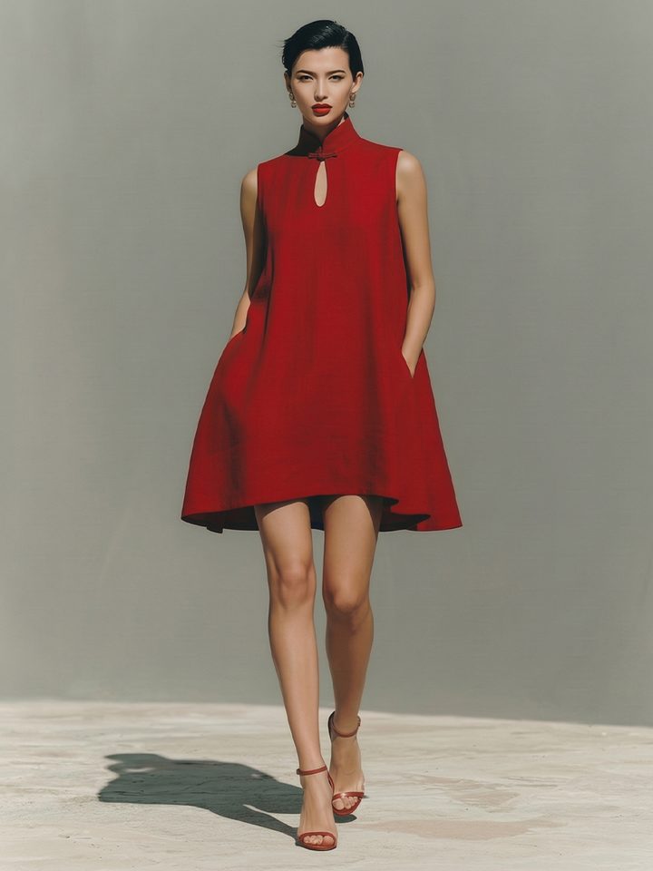 Women's Red Lightweight Linen Dress With Keyhole Neck & Flared Hem, Contemporary Effortless-Casual Style Dress MDZ0203D4I