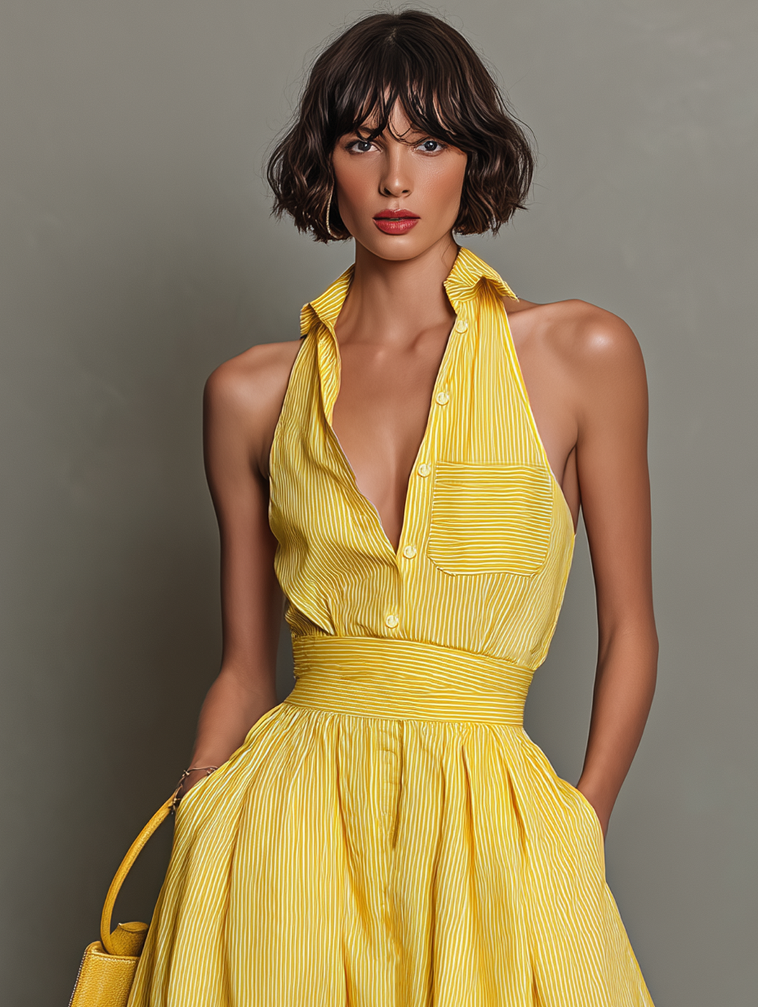 Women's Minimalist Striped Lapel Sleeveless Maxi Dress MDZ1099D5Y