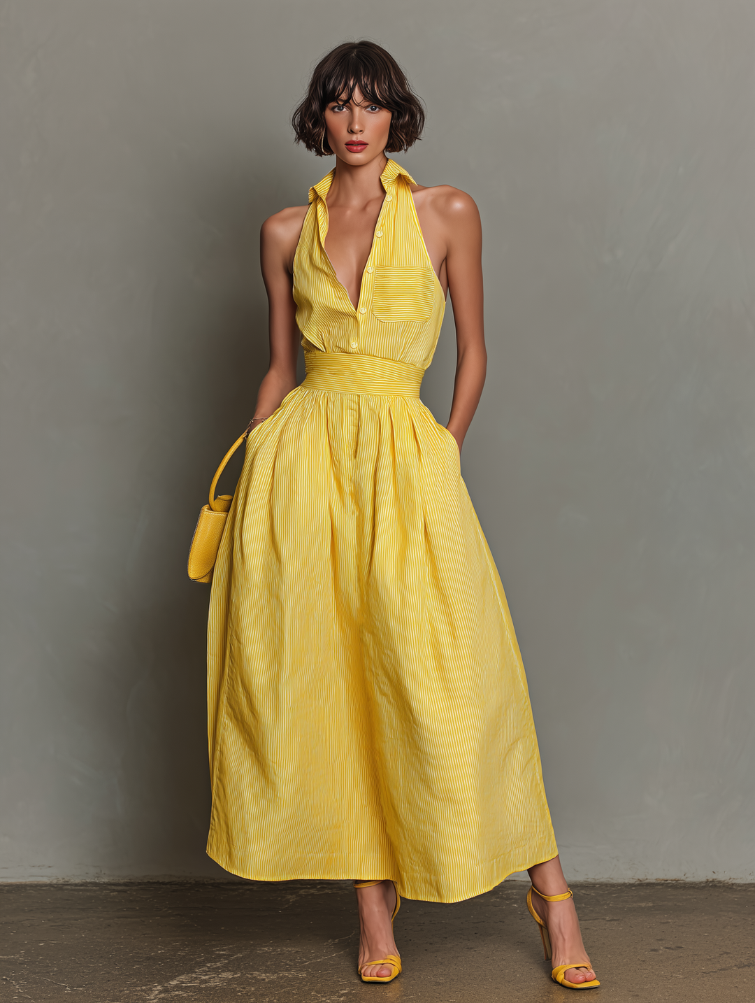 Women's Minimalist Striped Lapel Sleeveless Maxi Dress MDZ1099D5Y