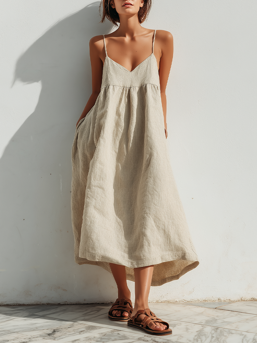 Women's Lightweight Linen Swing Dress With Loose Fit & Asymmetric Hem, Contemporary Effortless-Elegant Style Dress MDZ1369D3LYL