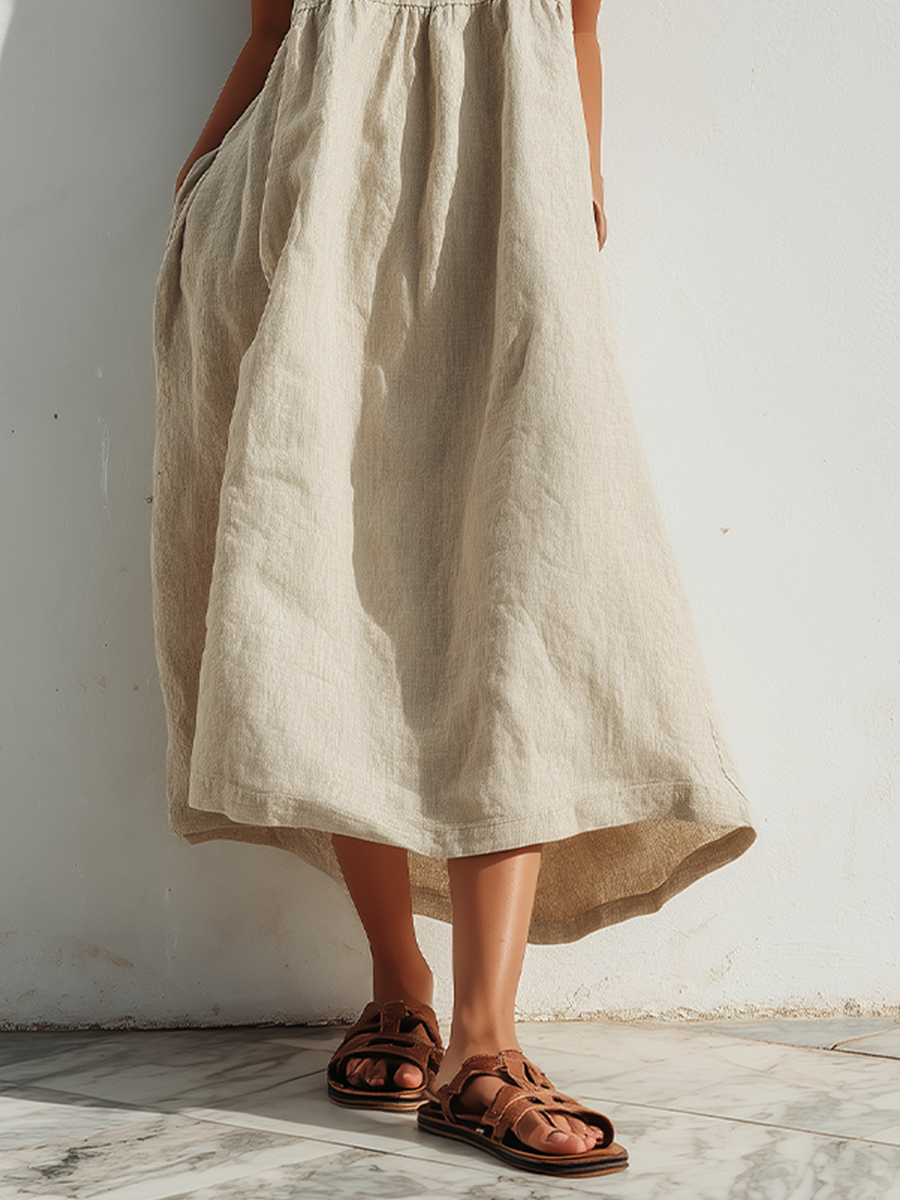 Women's Lightweight Linen Swing Dress With Loose Fit & Asymmetric Hem, Contemporary Effortless-Elegant Style Dress MDZ1369D3LYL