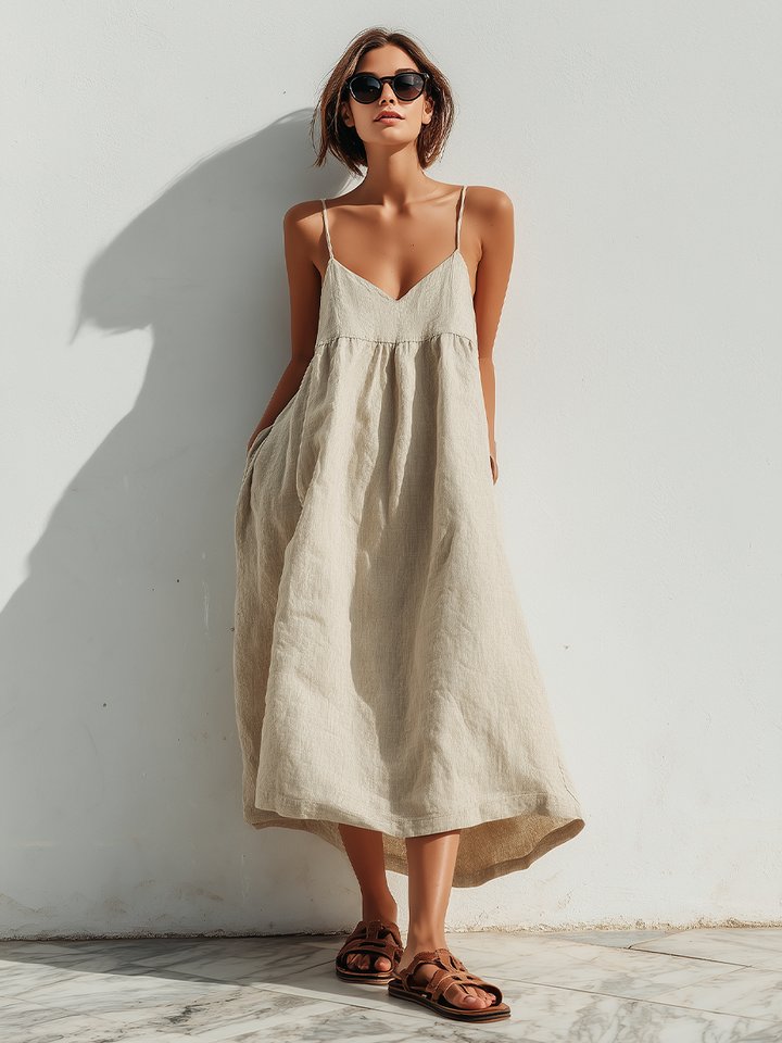Women's Lightweight Linen Swing Dress With Loose Fit & Asymmetric Hem, Contemporary Effortless-Elegant Style Dress MDZ1369D3LYL
