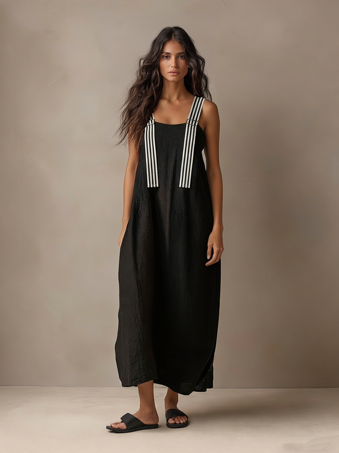 Women's Minimalist Striped Spaghetti Strap Loose Linen-Blend Maxi Dress MDZ1665D7Y