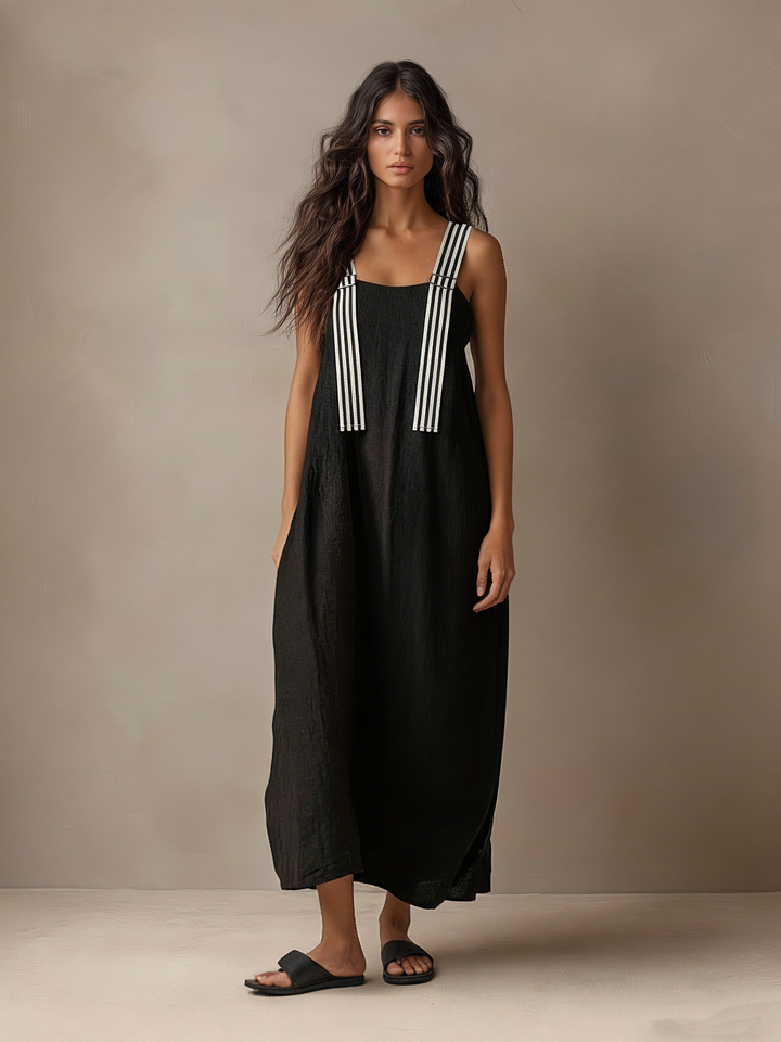 Women's Minimalist Striped Spaghetti Strap Loose Linen-Blend Maxi Dress MDZ1665D7Y