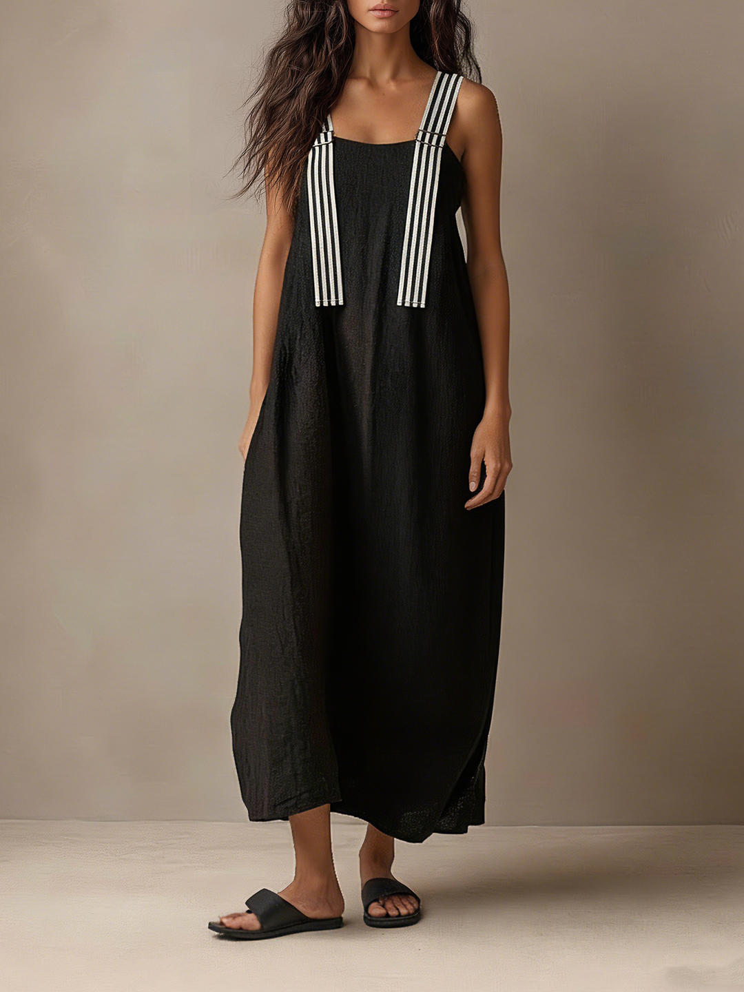 Women's Minimalist Striped Spaghetti Strap Loose Linen-Blend Maxi Dress MDZ1665D7Y