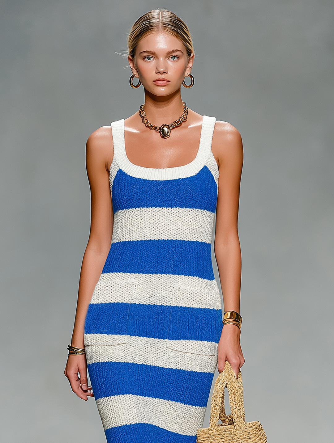 Women's Minimalist Striped Knit Midi Dress With Wide Straps MDZ1645D2Y