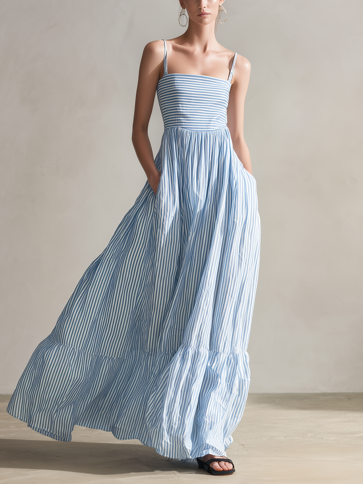 Women's Casual Light Blue Striped Woven Sleeveless Spaghetti-Strap Maxi Dress MDZ1634D5LXY