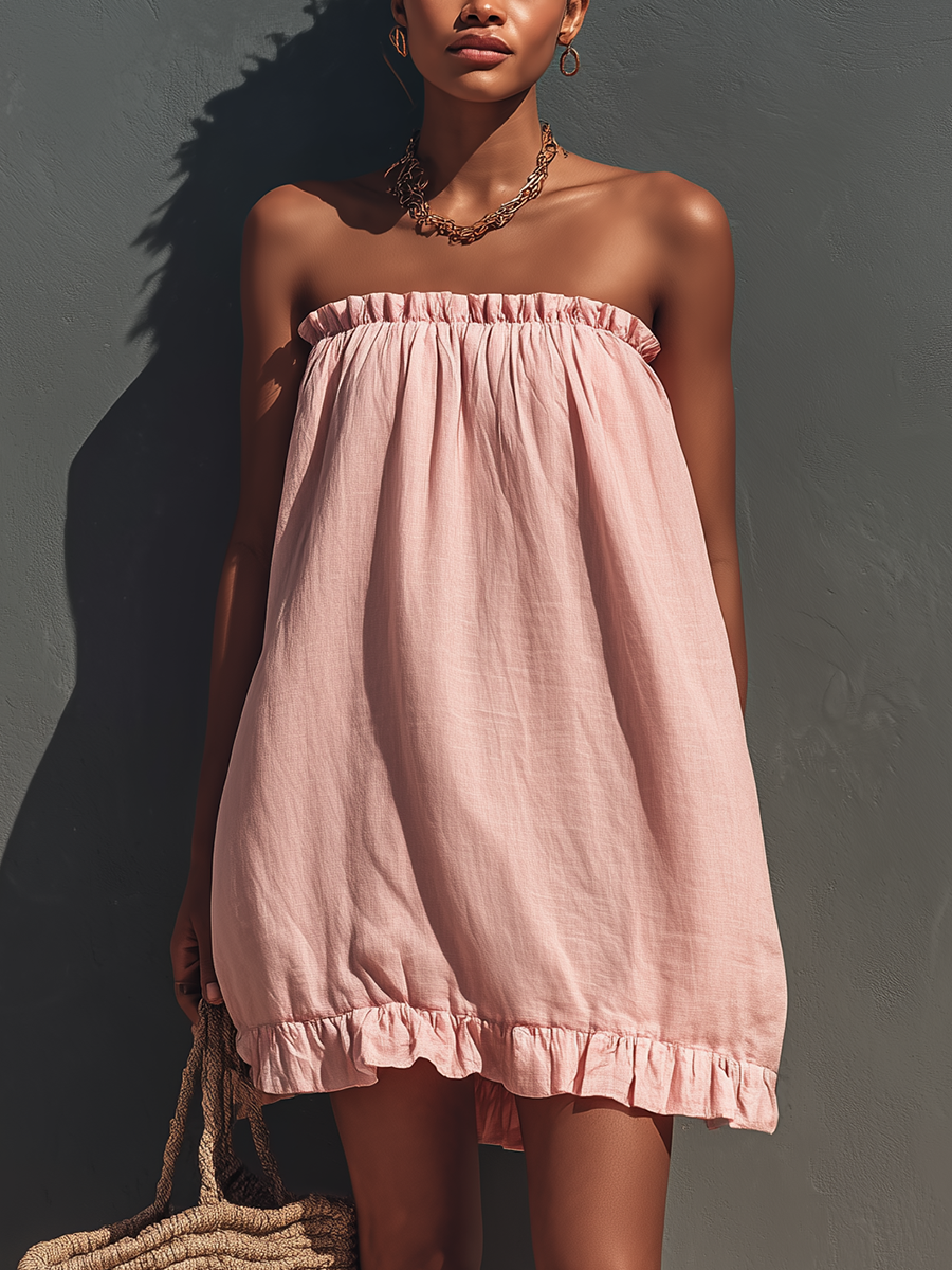 Women’s Blush Pink Linen-Blend Strapless Ruffle Trim Mini Sundress MDZ1722D0T