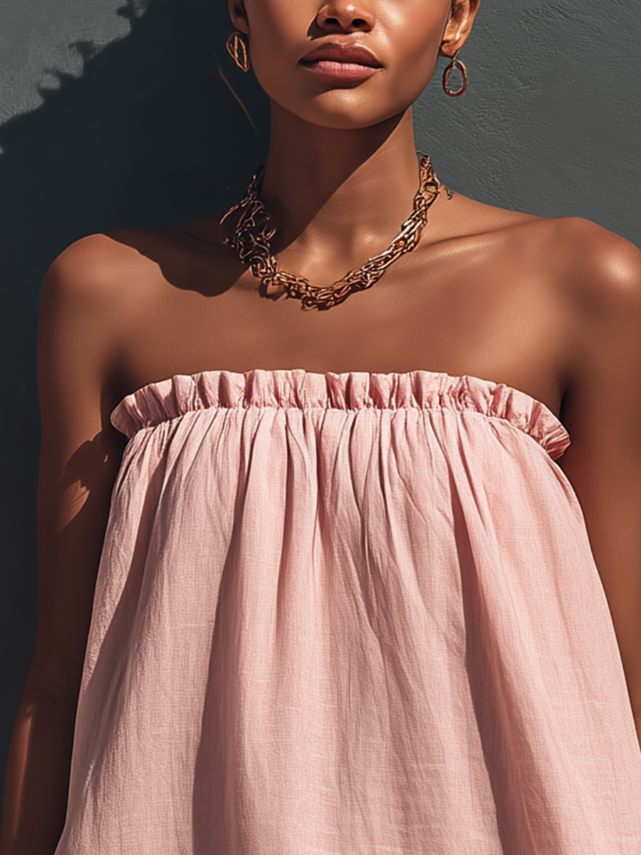 Women’s Blush Pink Linen-Blend Strapless Ruffle Trim Mini Sundress MDZ1722D0T