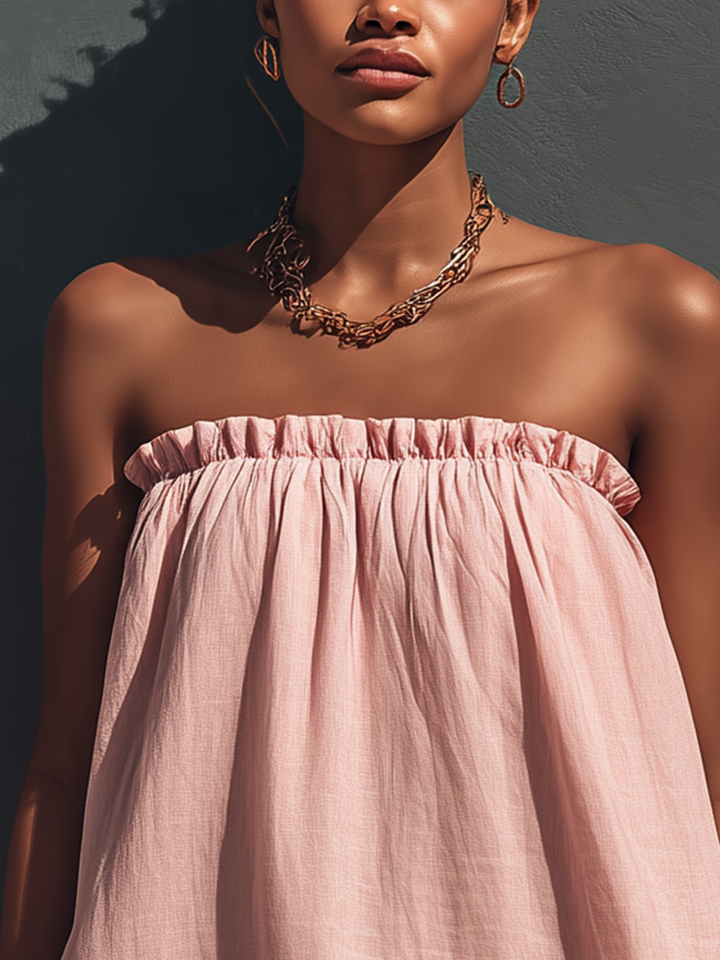 Women’s Blush Pink Linen-Blend Strapless Ruffle Trim Mini Sundress MDZ1722D0T