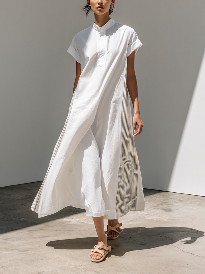 Women's Loose-Fit Dress With Stand Collar, White Stripes, And Patchwork Detail — Oriental Minimalist Zen Style MDZ2012D3ZJW
