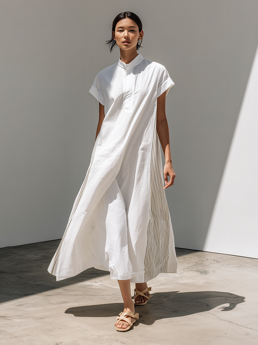 Women's Loose-Fit Dress With Stand Collar, White Stripes, And Patchwork Detail — Oriental Minimalist Zen Style MDZ2012D3ZJW