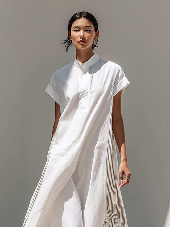 Women's Loose-Fit Dress With Stand Collar, White Stripes, And Patchwork Detail — Oriental Minimalist Zen Style MDZ2012D3ZJW