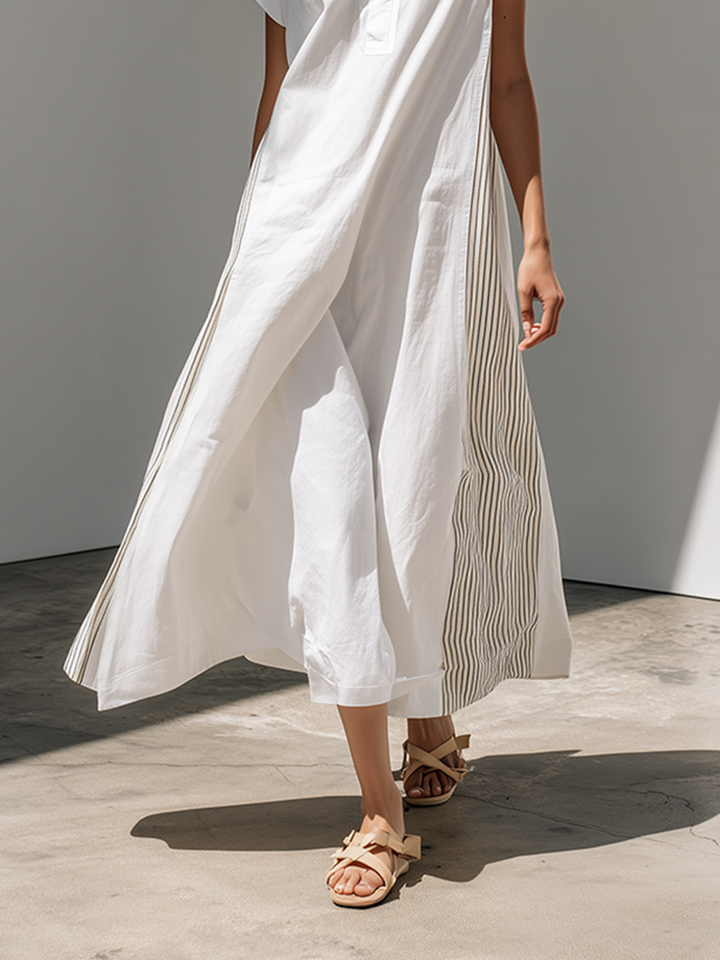 Women's Loose-Fit Dress With Stand Collar, White Stripes, And Patchwork Detail — Oriental Minimalist Zen Style MDZ2012D3ZJW