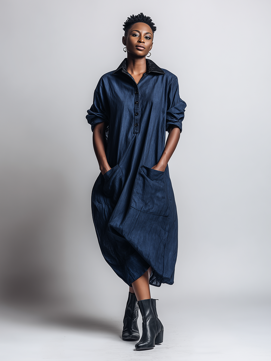 Women's Minimalist Workwear-Style Commuter Dress — Loose-Fit, Distressed Dark Blue, With Leather Collar MDZ2093D9ZJW